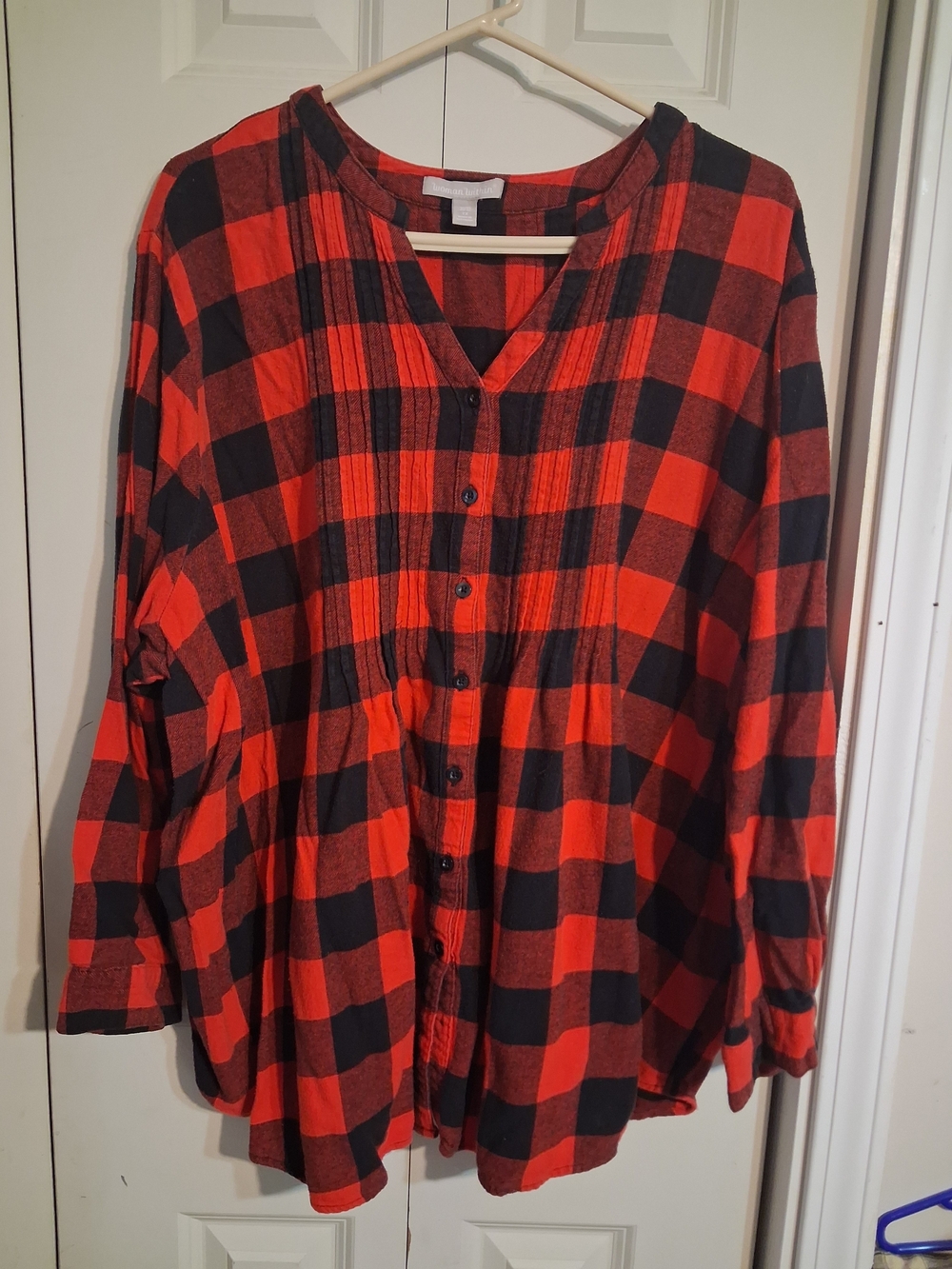 Woman Within Red and Black Plaid Button-Down Shirt
